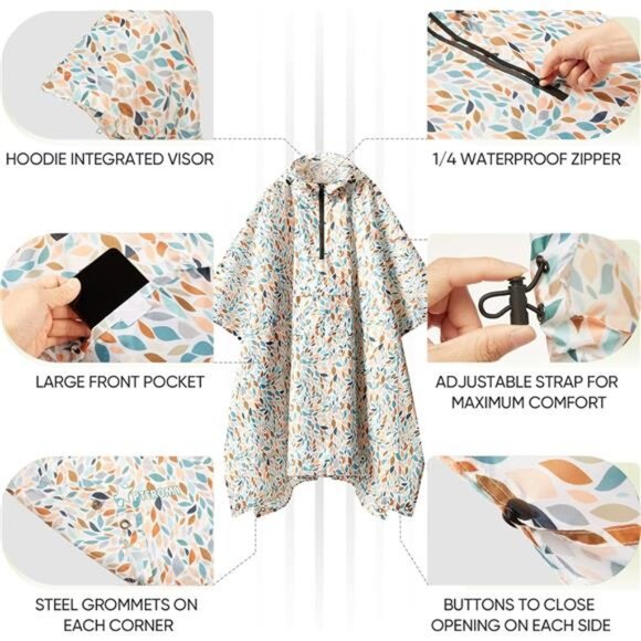 Hooded Rain Poncho for Adult with Pocket, Waterproof Lightweight Unisex - Picture 2 of 7